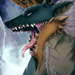  1:1 ambiguous_gender blue_eyes bodily_fluids canid canine canis capcom dragon drooling fanged_wyvern fangs hi_res mammal monster_hunter mouth_shot mythological_creature mythological_scalie mythology open_mouth pupils saliva scalie shaded sharp_teeth slit_pupils solo tallion teeth tongue tongue_out zinogre 