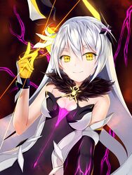  asymmetrical_gloves bare_shoulders black_gloves breasts cleavage closed_eyes closed_mouth dress female gloves hair_ornament highres honkai_(series) honkai_impact_3rd kiana_kaslana kiana_kaslana_(herrscher_of_the_void) kurumiiii looking_at_viewer looking_back mismatched_gloves smile solo white_dress white_gloves white_hair yellow_background 