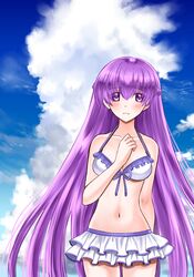  74 alternate_costume bare_shoulders bikini blush breasts cleavage cloud cloudy_sky collarbone commission day female fire_emblem fire_emblem:_the_binding_blade frilled_bikini frills front-tie_top grin highres long_hair looking_at_viewer medium_breasts navel pixiv_commission purple_eyes purple_hair sky smile solo sophia_(fire_emblem) swimsuit very_long_hair white_bikini 