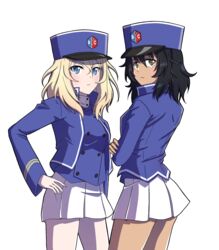  2girls andou_(girls_und_panzer) bc_freedom_(emblem) bc_freedom_military_uniform black_eyes black_hair blonde_hair blue_eyes blue_headwear blue_jacket blue_vest closed_mouth commentary cowboy_shot crossed_arms dark-skinned_female dark_skin dress_shirt emblem frown girls_und_panzer hachiko_(kota091986) hand_on_own_hip hat high_collar highres jacket kepi long_sleeves looking_at_viewer looking_back medium_hair messy_hair military military_hat military_uniform miniskirt multiple_girls oshida_(girls_und_panzer) pleated_skirt shirt simple_background skirt standing uniform vest white_background white_shirt white_skirt 