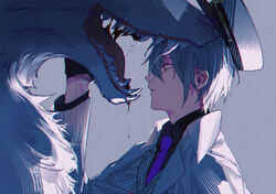  1boy black_shirt collared_shirt formal hitokoto jacket long_sleeves mahoutsukai_no_yakusoku male_focus necktie owen_(mahoutsukai_no_yakusoku) parted_lips purple_necktie shirt short_hair solo teeth white_hair white_headwear white_jacket wolf yellow_eyes 