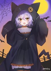  animal_hood bat_(animal) black_dress blush dress female fence frilled_dress frills full_moon hair_between_eyes halloween halloween_costume highres hood hood_up kantai_collection long_sleeves moon oerba_yun_fang official_alternate_costume one-hour_drawing_challenge open_mouth orange_eyes pink_hair short_hair silk skin_fang sleeves_past_fingers sleeves_past_wrists solo spider_web tama_(kancolle) thighhighs twitter_username yoshino_(mfmfpng) 