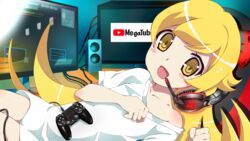  :d blonde_hair blush_stickers brand_name_imitation clenched_hands commentary_request controller dualshock fangs female game_controller gamepad happy headphones headset highres indoors long_hair looking_at_viewer mashimaro_tabetai monitor monogatari_(series) multiple_monitors open_mouth oshino_shinobu playstation_controller reclining shirt short_sleeves single_bare_shoulder smile solo speaker white_shirt yellow_eyes youtube youtube_logo 