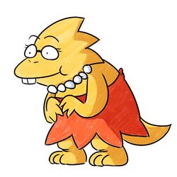  1:1 alphys anthro barefoot bowzdoodlebits buckteeth clothed clothing cosplay demi_transformation dress eyewear feet female gem glasses hunched_over jewelry lisa_simpson lizard necklace pearl_(gem) pearl_necklace reptile scales scalie simple_background smile solo standing tail teeth the_simpsons thick_tail three-quarter_view undertale undertale_(series) yellow_body yellow_scales 