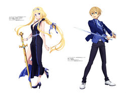  2girls :d absurdres alice_zuberg belt_buckle black_dress black_pants blonde_hair blue_eyes blue_footwear blue_jacket blue_necktie blue_ribbon blue_rose_sword blue_shirt braid breasts buckle character_name cleavage closed_mouth collarbone collared_shirt diadem dress dress_shirt eugeo floating_hair full_body green_eyes hair_intakes hair_ribbon halterneck high_heels highres holding holding_sword holding_weapon jacket light_brown_hair long_dress long_hair long_sleeves looking_at_viewer medium_breasts multiple_girls necktie official_art open_clothes open_jacket osmanthus_blade pants ponytail pumps ribbon shirt short_hair side_slit sideboob sidelocks simple_background single_braid sleeveless sleeveless_dress smile standing standing_on_one_leg sword sword_art_online sword_art_online:_alicization tokira_nozumi unsheathed very_long_hair weapon white_background white_footwear wing_collar 