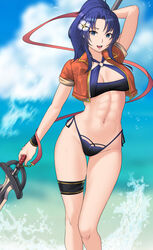  abs arm_behind_head bbk_(13zk) bikini blue_bikini blue_eyes blue_hair bracelet breasts cleavage cloud day english_commentary feet_out_of_frame female fire_emblem fire_emblem:_new_mystery_of_the_emblem fire_emblem_heroes flower gold_trim groin hair_flower hair_ornament halterneck highleg highleg_bikini highres holding holding_polearm holding_weapon jewelry kris_(female)_(fire_emblem) kris_(fire_emblem) long_hair looking_at_viewer medium_breasts open_clothes open_mouth open_vest polearm ponytail red_vest sidelocks smile solo string_bikini swimsuit thigh_gap thigh_strap thighs vest waves weapon 