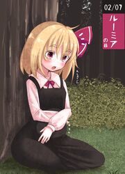  black_dress blonde_hair blush bow bowtie brown_eyes collared_shirt commentary_request dated dated_commentary day dress female hair_between_eyes hairbow hakano_shinshi long_sleeves notice_lines open_mouth outdoors pregnant red_bow red_bowtie rumia shirt short_hair sitting sleeveless sleeveless_dress solo touhou translated tree white_shirt 