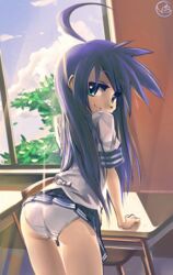  :3 ahoge ass blue_hair classroom desk edited from_behind green_eyes highres huge_ahoge izumi_konata krokobyaka leaning_forward long_hair looking_at_viewer looking_back lucky_star naughty_face panties school_desk school_uniform schooldesk signature skirt_rolled_up solo underwear watermark web_address white_panties window 