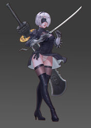  2b_(nier:automata) absurdres beastlord_(sword) black_blindfold black_dress black_footwear black_gloves black_hairband black_thighhighs blindfold boots breasts cleavage_cutout clothing_cutout commentary_request covered_eyes dress female gloves grey_background hairband high_heel_boots high_heels highres juliet_sleeves leotard lipstick long_sleeves makeup medium_breasts mole mole_under_mouth nier:automata nier_(series) puffy_sleeves short_hair simple_background solo standing sword thigh_boots thighhighs vambraces virtuous_treaty weapon white_hair white_leotard xue_qi_ye_(dndtmbdue) 