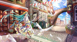  absurdres aqua_eyes aqua_hair arch arms_behind_back awning bicycle bicycle_basket bird blue_sky bouquet bow brick brick_wall building cafe city cobblestone commentary_request dahlia daisy day dove dress earrings feathers female floating_hair flock flower flower_earrings from_behind half-timbered hat hat_bow hat_ribbon hatsune_miku highres iria_(yumeirokingyo) jewelry layered_dress light_particles long_hair looking_back menu_board open_window outdoors petunia_(flower) plant planter potted_plant puffy_short_sleeves puffy_sleeves red_ribbon ribbon road running_bond see-through short_sleeves sky smile solo storefront street string_of_flags swept_bangs tower twintails very_long_hair vocaloid walking white_dress wide_shot window 