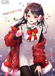  :d animal_ears aran_sweater artist_name bare_arms bare_shoulders bell black_hair black_pantyhose blush bow bowtie breasts cable_knit cat_ears character_name christmas commentary_request copyright_name cowboy_shot cross-laced_jacket drawing_on_fourth_wall dress english_text fake_animal_ears female fur-trimmed_jacket fur_trim glint hairband hand_on_own_thigh hand_up headphones heart highres holding holding_pen jacket leaf light_particles long_hair long_sleeves medium_breasts merry_christmas microphone neo_academy off_shoulder open_clothes open_jacket open_mouth pantyhose parted_bangs pen photoshop_(medium) pompitz_(character) puffy_sleeves red_bow red_bowtie red_eyes red_hairband red_jacket sleeveless sleeveless_turtleneck smile solo soyubee standing sweater sweater_dress turtleneck white_sweater writing zipper 