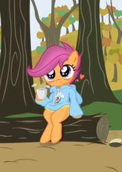  absurd_res anthro blush clothing container cup detailed_background equid equine female forest friendship_is_magic fur hair hasbro heart_symbol hi_res holding_container holding_cup holding_object hoodie horse lockerobster log long_hair mammal medio-cre my_little_pony orange_body orange_fur outside plant pony purple_eyes purple_hair scootaloo_(mlp) sitting smile solo topwear tree wood young young_anthro young_female 