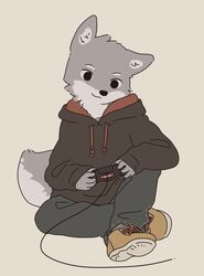  2017 5_fingers anthro arm_on_knee arm_on_leg arms_bent bent_legs biped black_eyes black_nose bottomwear canid canine canis clothed clothing controller cord crossed_legs denim denim_bottomwear denim_clothing dualshock dualshock_4 fingers footwear front_view fully_clothed fur game_controller gaming grey_body grey_fur holding_controller holding_game_controller holding_object hoodie jeans kemono male mammal multicolored_body multicolored_fur pants playing_video_game playstation playstation_4 playstation_controller shoes simple_background sitting solo sony_corporation sony_interactive_entertainment spread_knees tan_background topwear two_tone_body two_tone_fur white_body white_fur wired_controller wolf yagi_the_goat 