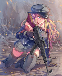  assault_rifle bare_shoulders bismarck_(kancolle) black_gloves blonde_hair blood blood_on_face blue_eyes breasts bullet commentary_request cross daito detached_sleeves female frown gloves grey_legwear gun hat iron_cross kantai_collection large_breasts long_hair messy_hair peaked_cap projectile_trail rifle scope shell_casing shooting_gloves smoke stg44 thighhighs under_fire weapon 