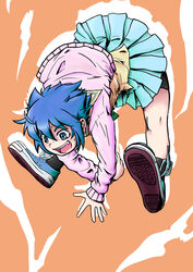  bike_shorts bike_shorts_under_skirt black_socks blue_eyes blue_hair commentary_request female jacket kasupikai long_sleeves momotsuki_gakuen_school_uniform oerba_yun_fang open_mouth pani_poni_dash! school_uniform serizawa_akane shoes short_hair skirt smile sneakers socks solo 