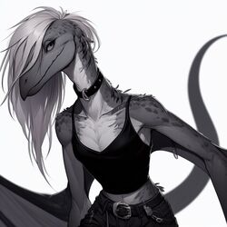  1:1 alternate_form anthro belt belt_buckle bottomwear breasts buckle cavemanon_studios chains cleavage clothed clothing collar crop_top denim denim_bottomwear denim_clothing dinosaur extinct fang_(gvh) female goodbye_volcano_high grey_eyes grey_hair greyscale hair jeans jewelry long_tail looking_at_viewer looking_sideways membrane_(anatomy) membranous_wings midriff monochrome necklace pants prehistoric_species pterodactylus pterosaur reptile scales scalie shirt simple_background slim small_breasts small_waist snoot_game snout solo standing tail tank_top topwear unknown_artist white_background winged_arms wings 