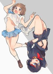  2girls black_hair black_shirt black_skirt blue_eyes blue_skirt blush breasts brown_eyes brown_footwear brown_hair full_body grey_background hair_between_eyes hand_in_pocket highres kill_la_kill leg_up mankanshoku_mako matoi_ryuuko multiple_girls navel open_mouth oworyou school_uniform shirt shoes short_hair simple_background skirt socks standing standing_on_one_leg tomboy underboob upside-down v white_background white_footwear white_shirt white_socks 