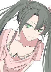  bad_id bad_twitter_id bra breasts brown_bra closed_mouth commentary_request downblouse female green_eyes green_hair hair_between_eyes hair_ribbon highres kantai_collection ken_(shutenndouji1) long_hair looking_at_viewer medium_breasts pink_ribbon pink_shirt ribbon shirt simple_background smile solo underwear upper_body white_background zuikaku_(kancolle) 