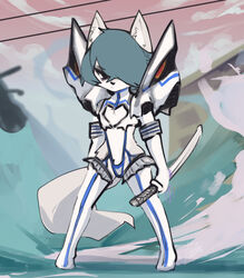  2023 anthro blue_hair canid canine canis clothed clothing cosplay duo female fur grey_body grey_fur hair hatsumiilkshake holding_melee_weapon holding_object holding_sword holding_weapon junketsu kamui_(kill_la_kill) kill_la_kill mammal melee_weapon satsuki_kiryuin studio_trigger sword tera_(hatsumiilkshake) weapon wolf 