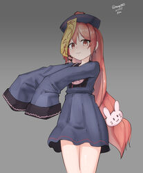  :3 absurdres adapted_costume ahoge black_dress commentary_request cowboy_shot dress female grey_background hair_ornament hat highres jiangshi kantai_collection long_hair looking_at_viewer maru_(marg0613) ofuda outstretched_arms pink_hair qingdai_guanmao rabbit_hair_ornament red_eyes simple_background solo uzuki_(kancolle) zombie_pose 