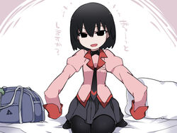  :d bag bed_sheet black_eyes black_hair black_necktie black_pantyhose black_skirt black_undershirt bob_cut commentary_request empty_eyes female hammer_(sunset_beach) long_sleeves looking_at_viewer monogatari_(series) naoetsu_high_school_uniform necktie on_bed open_mouth oshino_ougi owarimonogatari pantyhose partial_commentary pillow pink_shirt pleated_skirt pov puffy_sleeves reaching reaching_towards_viewer school_bag school_uniform shirt short_hair sitting skirt sleeves_past_fingers sleeves_past_wrists smile solo translated turtleneck white_background 