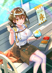  :d absurdres arknights bench breasts brown_hair brown_skirt chinese_commentary collarbone commentary_request drinking_straw feet_out_of_frame female food hachimaki hair_between_eyes hand_up headband highres holding holding_drinking_straw holding_food large_breasts looking_at_viewer magallan_(arknights) magallan_(shaved-ice_memories)_(arknights) multicolored_hair nejiri_hachimaki official_alternate_costume on_bench open_mouth rainbow shaved_ice shirt short_hair short_sleeves sitting skirt smile solo spoon_straw streaked_hair thighhighs vic_(user_ztdh7374) white_hair white_shirt white_thighhighs yellow_eyes zettai_ryouiki 