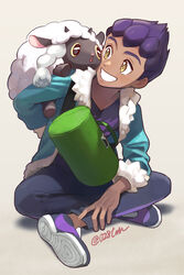  1boy aqua_jacket arm_behind_back bag commentary crossed_legs dark-skinned_male dark_skin eye_contact fur-trimmed_jacket fur_trim green_bag grey_background highres hop_(pokemon) jacket looking_at_another looking_to_the_side otton photoshop_(medium) pokemon pokemon_(creature) pokemon_on_back pokemon_swsh purple_hair shirt shoes short_hair sitting smile teeth watermark wooloo yellow_eyes 