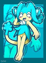  2016 3_toes 5_fingers anthro blue_body blue_hair blue_inner_ear blush closed_eyes eyelashes female fingers hair mammal mutuki nintendo open_mouth open_smile pok&eacute;mon_(species) pokemon primate signature simipour smile solo standing toes tongue tuft video_games yellow_body 