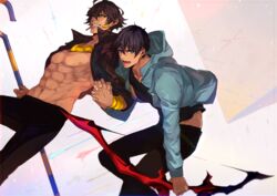  2boys abs ahoge arash_(fate) bare_pectorals black_hair black_shirt bow_(weapon) brown_hair couple dark-skinned_male dark_skin earrings fate/grand_order fate/prototype fate/prototype:_fragments_of_blue_and_silver fate_(series) gold_necklace hand_grab holding_hands interlocked_fingers interracial jacket jewelry looking_at_viewer male_focus multiple_boys necklace nipples open_clothes open_jacket open_mouth ozymandias_(fate) pants pectorals pvc_parfait revealing_clothes shirt simple_background smile staff weapon yaoi yellow_eyes 