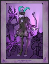  2018 2_horns ambiguous_species anthro antlers backpack black_clothing black_dress black_legwear black_stockings blindfold claws clothed clothing cosplay countershade_face countershading crossdressing curved_horn deer digitigrade dress femboy front_view generation_2_pokemon gloves group handwear hi_res horn houndoom legwear lichfang looking_at_another male mammal nier_automata nintendo photographer pink_nose platinumgames pokemon pokemon_(species) purple_body solo_focus spade_tail standing stockings tail thigh_highs toe_claws yorha_2b 