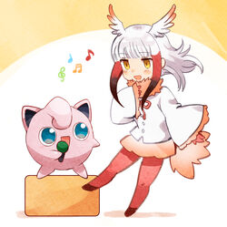  :d blue_eyes blunt_bangs blush commentary_request crossover female frilled_sleeves frills gloves hand_on_own_chest head_wings highres japanese_crested_ibis_(kemono_friends) jigglypuff kemono_friends long_hair long_sleeves microphone music musical_note open_mouth orange_eyes pantyhose pokemon pokemon_(creature) red_gloves red_legwear shirt singing skirt sleeves_past_wrists smile suicchonsuisui tail trait_connection white_hair white_shirt wide_sleeves wings 