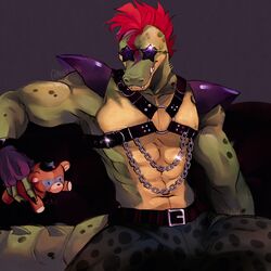  1:1 abs alligator alligatorid anthro biceps bondage bondage bound chains crocodilian eyewear eyewear_glint five_nights_at_freddy&#039;s five_nights_at_freddy&#039;s:_security_breach glamrock_freddy green_body hair hi_res male milko_satan mohawk montgomery_gator muscular muscular_anthro muscular_male obliques pecs red_hair reptile ribs scalie scottgames shoulder_pads solo steel_wool_studios sunglasses triceps 