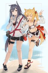  2girls animal_ears arknights bare_shoulders black_hair blonde_hair clov3r food food_in_mouth highres holding holding_food jacket locked_arms multiple_girls official_alternate_costume pocky red_eyes sandals shorts soda sora_(arknights) sora_(summer_flowers)_(arknights) swimsuit_cover-up tail texas_(arknights) wolf_ears wolf_girl wolf_tail yellow_eyes yuri 