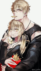  1boy alternate_costume alternate_design arthur_pendragon_(fate) artoria_pendragon_(fate) black_jacket blonde_hair burger chewing chips_(food) collarbone cosplay couple earrings eating fate/grand_order fate_(series) female food food_on_face hair_between_eyes highres holding holding_food hug hug_from_behind jacket jewelry long_hair long_sleeves looking_at_viewer necklace official_alternate_costume open_mouth potato_chips pvc_parfait saber_alter saber_alter_(cosplay) saber_alter_(ver._shinjuku_1999)_(fate) saber_alter_(ver._shinjuku_1999)_(fate)_(cosplay) sleeveless straight undressing upper_body yellow_eyes 