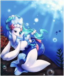  2016 accessory asterozoan black_eyes blue_body blue_eyes bubble echinoderm fish gem hair hair_accessory hi_res long_hair looking_at_another lying marine merfolk midna01 nintendo pearl_(gem) pink_nose pok&eacute;mon_(species) pokemon popplio primarina starfish starfish_(accessory) underwater video_games water white_body 