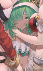  3girls absurdres amira_(shingeki_no_bahamut) bare_shoulders betabeet bikini blush breast_press breasts cleavage closed_mouth dark-skinned_female dark_skin granblue_fantasy green_eyes green_hair hair_over_one_eye hat highres hug kolulu_(granblue_fantasy) kolulu_(summer)_(granblue_fantasy) large_breasts leona_(granblue_fantasy) lips long_hair long_sleeves looking_at_viewer multiple_girls official_alternate_costume red_bikini swimsuit white_bikini white_headwear 