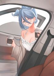  absurdres aqua_eyes artist_name bare_shoulders blue_hair blue_wings breasts brown_cardigan brown_skirt camisole car_interior car_seat cardigan cleavage collarbone commentary cup dated disposable_coffee_cup disposable_cup door drink elira_pendora elira_pendora_(3rd_costume) female frilled_camisole frills glasses hair_between_eyes head_wings heterochromia high-waist_skirt high_ponytail highres holding holding_drink large_breasts leaning_forward long_hair long_skirt long_sleeves looking_at_viewer mole multicolored_hair multicolored_wings nijisanji nijisanji_en o-ring o-ring_top off_shoulder official_alternate_costume open_cardigan open_clothes open_door open_mouth open_window parkiranhonda peeking_out purple_eyes round_eyewear seatbelt shirt_tucked_in signature skirt solo spaghetti_strap standing streaked_hair textless_version twitter_username vehicle_interior virtual_youtuber white_camisole window wings 