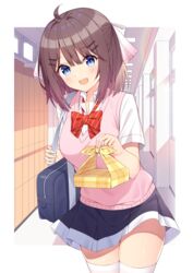  :d absurdres ahoge bag bento black_skirt blue_eyes blunt_bangs border bow bowtie brown_hair collared_shirt commentary female hair_ornament hair_ribbon hairclip hallway highres holding lens_flare locker looking_at_viewer open_mouth original pink_sweater_vest plaid pleated_skirt red_bow red_bowtie ribbon school_bag school_uniform shirt skirt smile solo sweater_vest t@ke-g thighhighs white_border white_shirt white_thighhighs window wrapped_bento 