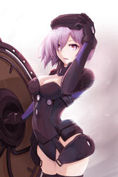  :d arched_back arm_up armor black_leotard black_thighhighs breasts brown_eyes cleavage fate/grand_order fate_(series) faulds female grey_hair hair_between_eyes highres holding holding_shield jientomu leotard looking_at_viewer mash_kyrielight mash_kyrielight_(ortenaus) medium_breasts medium_hair open_mouth shield smile solo thighhighs 