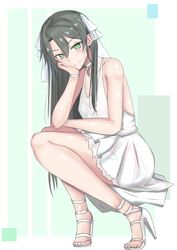  absurdres armlet bare_shoulders blush closed_mouth commentary_request dress female full_body green_eyes green_hair hair_between_eyes hand_on_own_face high_heels highres kantai_collection ken_(shutenndouji1) long_hair looking_at_viewer sandals short_dress sleeveless sleeveless_dress smile solo white_dress white_footwear zuikaku_(kancolle) 