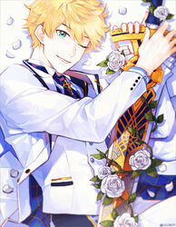  1boy absurdres alternate_costume arthur_pendragon_(fate) blonde_hair blue_eyes blue_necktie excalibur_(fate/prototype) fate/grand_order fate/prototype fate_(series) flower formal green_eyes hair_between_eyes heqanim highres holding holding_weapon korean_commentary looking_at_viewer lying male_focus necktie on_side one_eye_closed smile solo suit sword upper_body weapon white_flower white_petals white_suit 