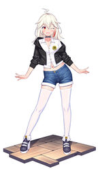  absurdres ahoge black_choker black_footwear black_jacket blush chinese_commentary choker collared_shirt commentary_request denim denim_shorts female floor full_body hair_between_eyes high_heels highres hood hood_down hooded_jacket jacket lightning_ahoge long_hair long_sleeves looking_at_viewer midriff multicolored_hair navel one_eye_closed open_clothes open_jacket open_mouth orange_eyes original red_hair scar scar_on_cheek scar_on_face shirt shoes short_shorts shorts simple_background sleeves_pushed_up slit_pupils solo standing streaked_hair thighhighs white_background white_hair white_shirt white_thighhighs xiaoxi0619 