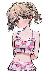  arms_behind_back bikini bikini_skirt blush brown_eyes budoumfmf check_commentary closed_mouth collarbone commentary_request drill_hair female flat_chest floral_print flower hair_flower hair_ornament head_tilt highres idolmaster idolmaster_cinderella_girls light_brown_hair looking_at_viewer medium_hair midriff morikubo_nono navel print_bikini solo swimsuit twintails white_background white_bikini 