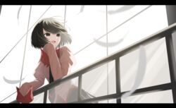  :d black_eyes black_hair black_necktie black_skirt bob_cut commentary empty_eyes feathers female hand_on_railing hand_to_own_mouth highres juliet_sleeves letterboxed long_sleeves looking_to_the_side loose_hair_strand messy_hair monogatari_(series) naoetsu_high_school_uniform necktie open_mouth oshino_ougi pink_shirt pleated_skirt puffy_sleeves railing school_uniform shirt short_hair skirt sleeves_past_fingers sleeves_past_wrists smile solo white_feathers wind window yamada_maya_(yamdmay) 