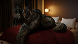  16:9 2022 3d_(artwork) 4k absurd_res bed bedroom bedroom_eyes blue_(jurassic_world) claws crossed_legs digital_media_(artwork) dinosaur dromaeosaurid extinct female female_(lore) feral flower furniture grey_body grey_scales hi_res inside ivorylagiacrus jurassic_park jurassic_world lamp looking_at_viewer lying multicolored_body multicolored_scales narrowed_eyes night on_back on_bed plant prehistoric_species presenting reptile rose_(flower) scales scalie seductive solo tail theropod thick_thighs two_tone_body two_tone_scales universal_studios velociraptor widescreen yellow_eyes 