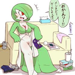  1:1 arm_on_knee arm_on_leg arms_bent bent_legs beverage_can big_breasts box breasts container controller cord fakefur23 female furniture game_controller gamecube gamecube_controller gardevoir generation_3_pokemon green_hair hair holding_controller holding_game_controller holding_object japanese_text knee_pulled_up leg_over_edge nintendo nintendo_controller not_furry over_edge pokemon pokemon_(species) pseudo_clothing pseudo_dress red_eyes resting_arms sitting smile sofa solo stack text tissue_box translated wired_controller 