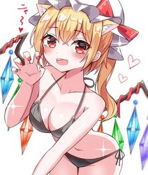  :d animal_ears bikini black_bikini blonde_hair breasts cat_ears cleavage commentary cowboy_shot crystal extra_ears female flandre_scarlet groin halterneck hat heart highres kiui_(dagk8254) large_breasts looking_at_viewer mob_cap navel one_side_up open_mouth red_eyes red_nails side-tie_bikini_bottom simple_background smile solo standing string_bikini swimsuit teeth touhou upper_teeth_only white_background white_hat wings 