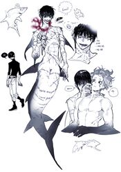  2boys ? annoyed bags_under_eyes black_hair black_nails black_sclera black_sweater blood colored_sclera completely_nude dorsal_fin ear_piercing earrings facial_mark fins full_body gills grin highres jewelry korean_text looking_at_another looking_at_viewer male_focus manta_ray merman monochrome monster_boy multiple_boys multiple_earrings multiple_views nude original piercing pigeon666 scar scar_across_eye scar_on_arm scar_on_chest scar_on_face scar_on_hand scar_on_mouth scar_on_neck scar_on_stomach shark shark_boy shark_fin sharp_teeth short_hair sleeves_pushed_up slit_pupils smile spoken_squiggle squiggle sweater teeth thought_bubble too_many_scars turtleneck turtleneck_sweater upper_body yellow_eyes 