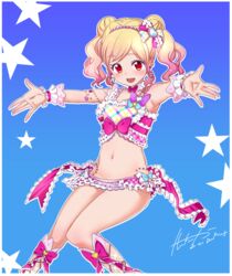  2018 :d aikatsu!_(series) aikatsu_stars! armpits blonde_hair blue_background blush boots border bow choker crop_top female floating_hair gradient_hair hair_ornament hairbow heart heart_hair_ornament highres kantaka knee_boots long_hair midriff multicolored_hair navel nijino_yume open_mouth outline outstretched_arms pink_hair red_bow red_eyes red_footwear signature smile solo stomach twintails white_border white_choker wrist_cuffs 