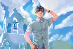  1boy bell black_wristband blue_sky building cloud cross dated dumplinginthebox eyewear_on_head fate/grand_order fate_(series) hand_up male_focus saitou_hajime_(fate) saitou_hajime_(tour_outfit)_(fate) short_sleeves sky solo standing sunglasses sunlight thumb_in_pocket 